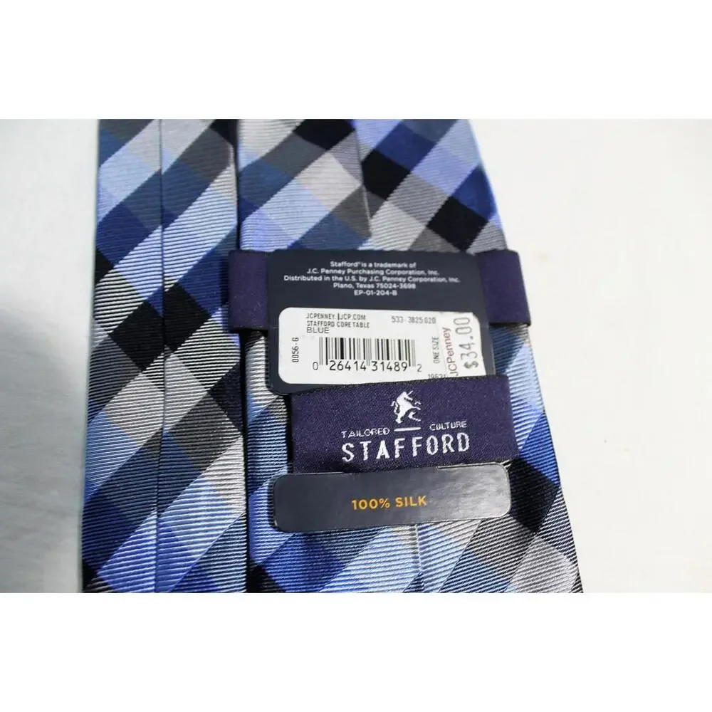 Vintage STAFFORD Blue & Gray Plaid Silk Necktie, 3.35 X 58 Inches, NOS With Tags